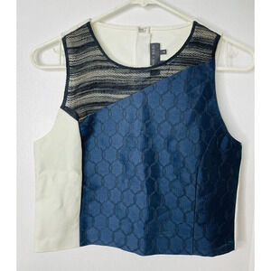 Sachin & Babi Top Sz 2 Blouse Navy Ivory Black Color Block Crop Top Women Zip-Up